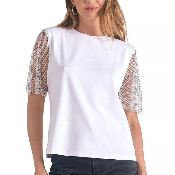 98$ Elan Crew Neck Pullover T-Shirt Top Short Metallic Mesh Sleeve Size S Silver - Picture 1 of 1